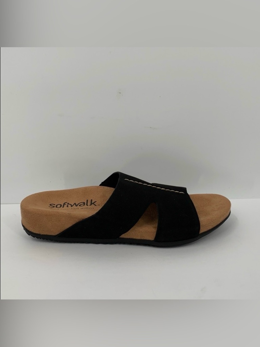 SoftWalk Beverly slide comfort insole sandal black cut-out stitch new 7 NARROW